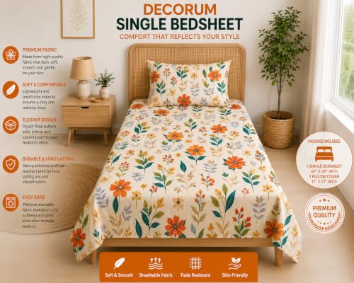 Image of DECORUM Glace Cotton Single Bedsheet with 1 Pillow Cover | Soft, Durable, Lightweight & Skin-Friendly Fabric| Suitable for Single /Diwan Bed Size