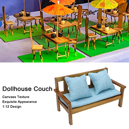Dilwe Puppenhaus Couch, Fester Holzrahmen Leinwand Textur Miniatur Sofa 1:12 Puppenhaus Dekoration mit Dekokissen – Bild 5
