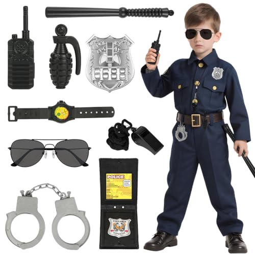 Alaoo Kit de brinquedos da polícia, 9 peças acessórios da polícia inclui óculos, apito, relógio, , romã, algemas, placa de polícia, Walkie-Talkie, para crianças Halloween festa carnaval conjunto