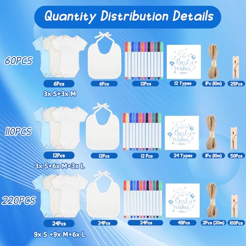 60/110/220 Pcs DIY Baby Bibs Bodysuit Set Baby Shower Game White Baby Bibs White Newborn Bodysuit for Baby Shower2