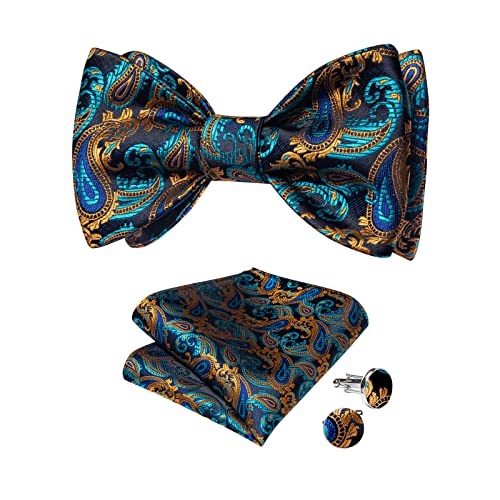 Image of DiBanGu Mens Silk Self Bow Tie Set 4PCS for Tuxedo Wedding,Teal Gold