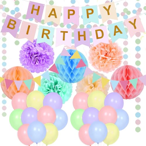 Pastel Birthday Party Decorations,55 Pieces Macaron Happy Birthday Balloon Banner Garland Set for Girl Woman with Tissue Paper Pom Poms Honeycomb Ball Triangle Bunting Colorful for Girls