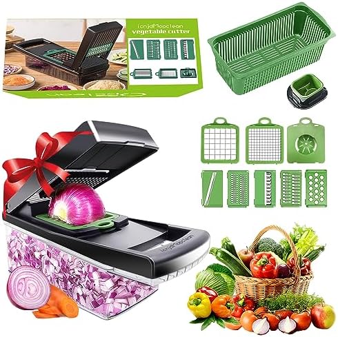 Vegetable Chopper, 12 in 1 Food Chopper Veggie Chopper Vegetable Cutter Onion Chopper Vegetable Slicer Mandolin Slicer for Kitchen Vegetable Chopper with Container 8 Blades Garlic Chopper Slicer