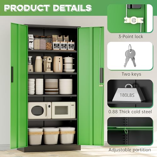 Image of INTERGREAT Metal Storage Cabinet,72 inch Steel Lockable File Cabinet with Locking Doors and Adjustable Shelves,Locking Tool Cabinets for Office,Home,Garage,Gym,School (Black Green)