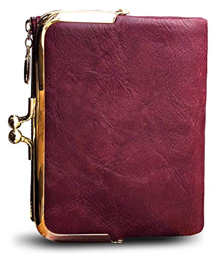 Small Bifold Genuine Leather Wallet for Women Vintage Mini Coin Purse with Zipper and Kiss Lock (Purple)4