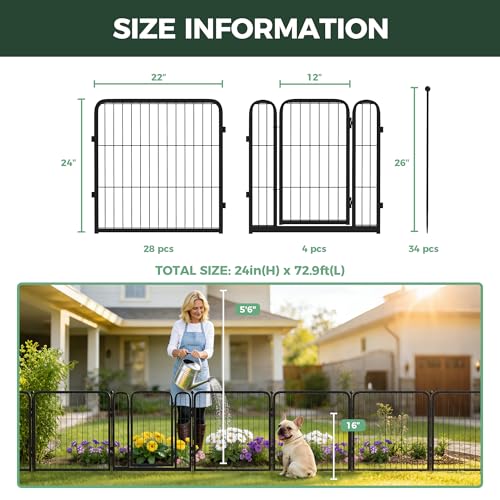 Image of FXW Garden Fence Outdoor for the Yard - 24in(H) x 60.9ft(L) Heavy Duty Metal Animal Barrier for Dog, No Dig Decorative Dog Fence, 32 Panels, Black