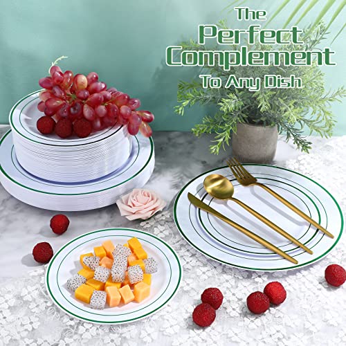 50 Pcs Plastic Plates Disposable Dinnerware Set 25 Guests Heavy Duty Disposable Plates With Rim 10.25 And 7.5 In Plastic Dinner Plates For Party Wedding Graduation Events (Green Rim) #TOP6