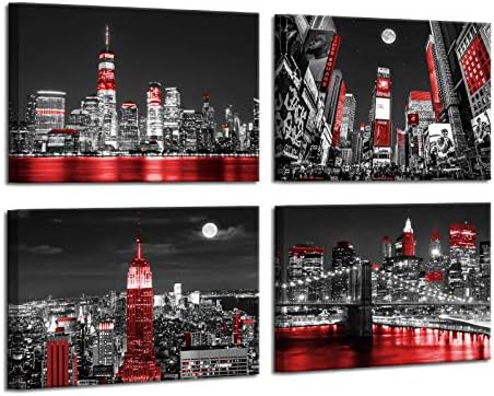 Black and White Modern Manhattan Wall Art Black Art Paintings for Wall New York Skyline Wall Decorations for Living Room Artwork for Home Walls Framed Wall Art Bedroom Decor 12x16inchx4pcs