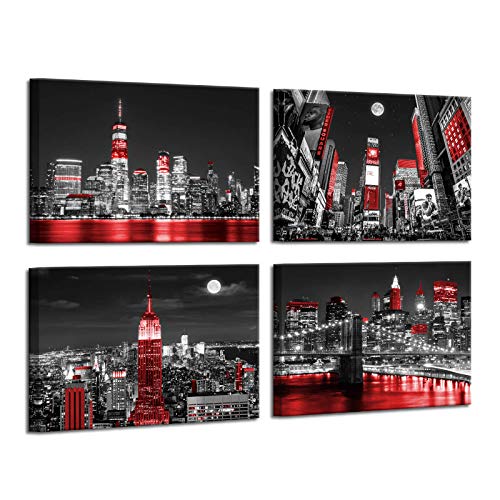 Black And White Modern Manhattan Wall Art Black Art Paintings For Wall New York Skyline Wall Decorations For Living Room Artwork For Home Walls Framed Wall Art Bedroom Decor 12X16Inchx4Pcs #TOP2