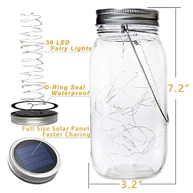 Solar Mason Jar Lights 30 LED, 6 Pack Large Size Hanging Glass Jar Starry Fairy Lights, Solar Lanterns for Outdoor Patio Party Garden Decor