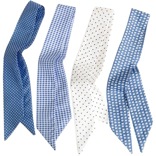 4 Pack Blue and White Pattern Hair Scarves, Neck Scarf Set with Polka Dot, Gingham, Floral Designs for Handbag, Purse Accessories