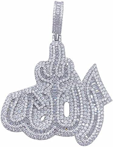 Ssjewel 3 Ct Simulated Diamond 3D Allah Arabic High Quality Baguette Pendant 14K White Gold Finish Name, Logo, Symbol Pendant 925 Sterling Silver Charm Personalized Gift For All