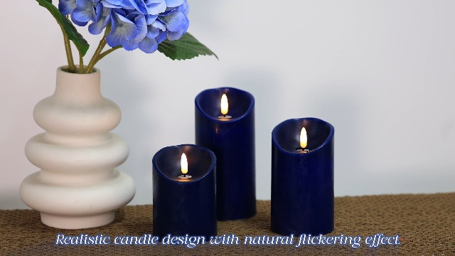 Image of Navy Blue Flameless Candles with Remote Timer, Real Wax LED Candles Flickering, 3D Wick Fake Candles Candles Battery Operated for Home Living Room Wedding Party Gifts, Navy Blue Decor, Set of 3