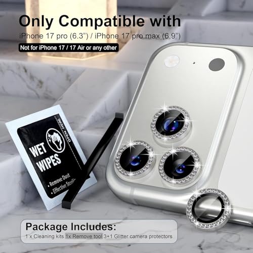 Image of Choiche Compatible for iPhone 17 Pro /iPhone 17 Pro Max Camera Lens Protector Bling, 9H Tempered Glass Camera Cover Screen Protector Metal Ring Decoration Accessories (Diamond-Titanium Natural)