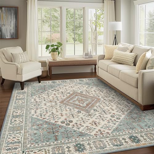 GENIMO 3x5 Area Rugs for Living Room, Machine Washable Boho Vintage Rug Non Slip, Printed Thin Low Pile Lightweight Chenille Carpet Rugs for Bedroom, Dining Room, Home Office, Green