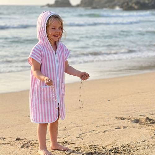 Image of Girls Boys Hooded Terry Coverups One Piece Swimsuits Summer Striped Trim Zip Up Short Sleeve Swim Cover Up Beachwear