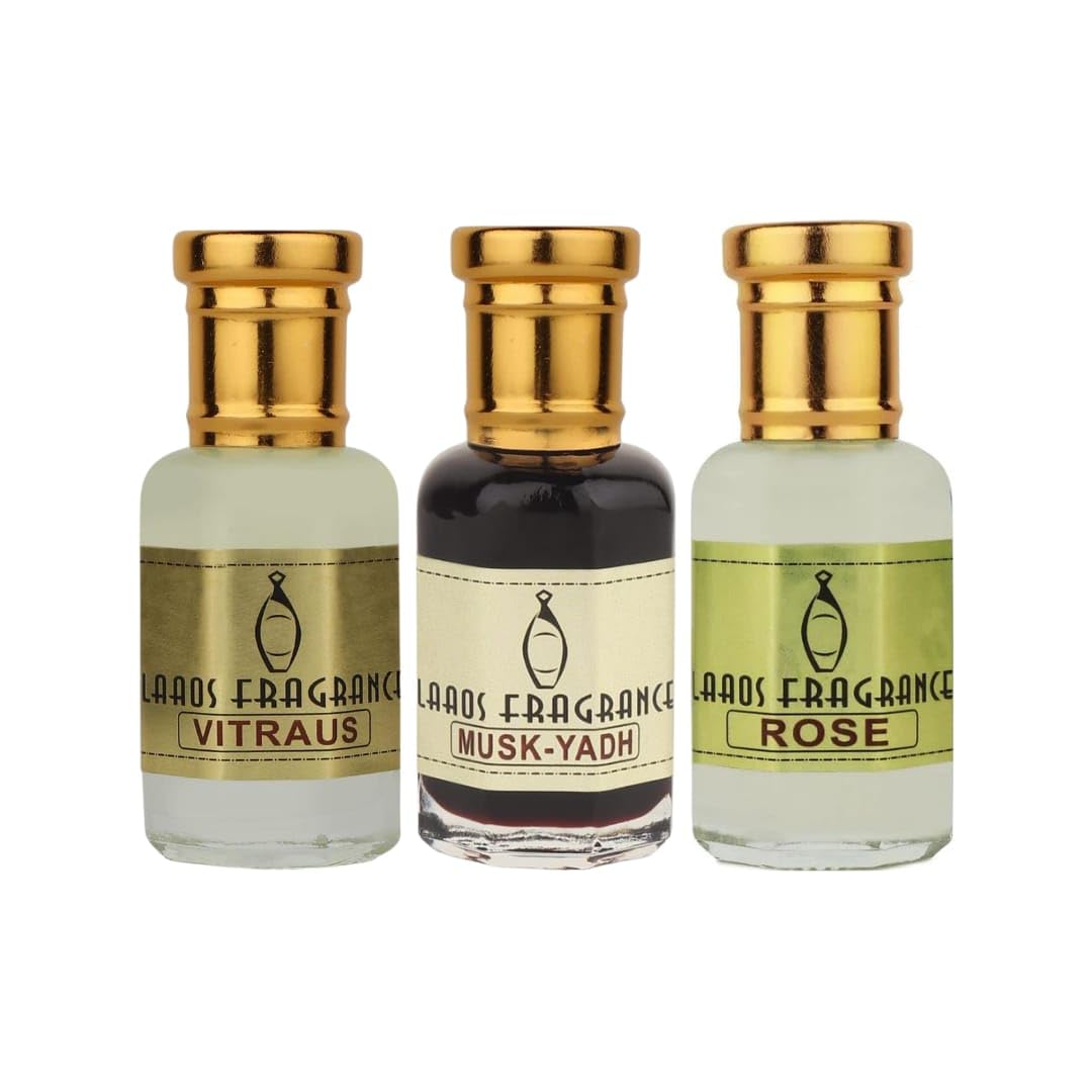 LAAOS FRAGRANCE Premium Attar Perfume Pack of 3, VITRAUS 12ml + MUSK-YAD 12ml + ROSE 12ml, 100% Alcohol Free Long Lasting for Men & Women