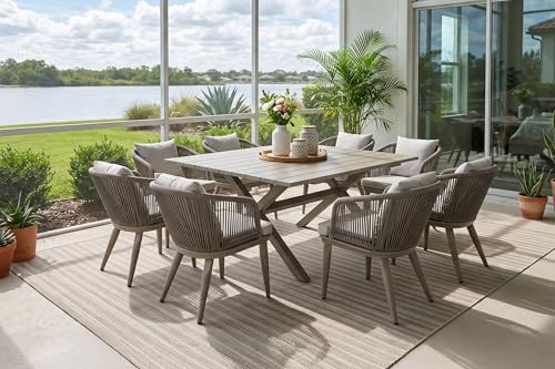 Image of PURPLE LEAF 9 Pieces Outdoor Metal Furniture Set Patio Conversation Sets Dining Set, 1 Square Dining Table and 8 Modern Chairs with Cushions Seat Champagne