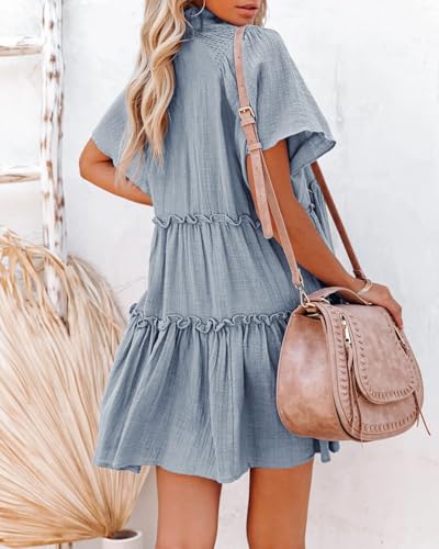 Image of Dellytop Womens Drawstring V Neck Dress Ruffle Tiered Short Sleeve Babydoll Tunic Swing Sundresses