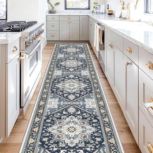 OPPODREAM Soft Entryway Rug 2x10, 2x10 Rug Runner, Washable Hallways Carpet 2 x 10 with Non Slip Backing, Low-Pile Bedside Carpet 2 x 10, Long, Faux Cashmere, Navy Blue & Gold