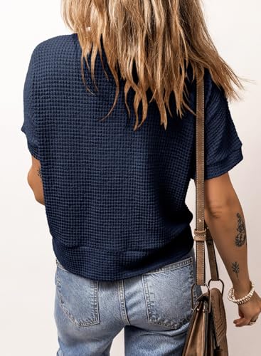 Image of Dokotoo Womens Summer Tops 2026 Waffle Knit Button Down Shirts | Trendy,V Neck,Loose Fit,Jacket,Short Sleeve,Summer Cardigan,Cropped,Shacket,Going Out Outfits,Dressy
