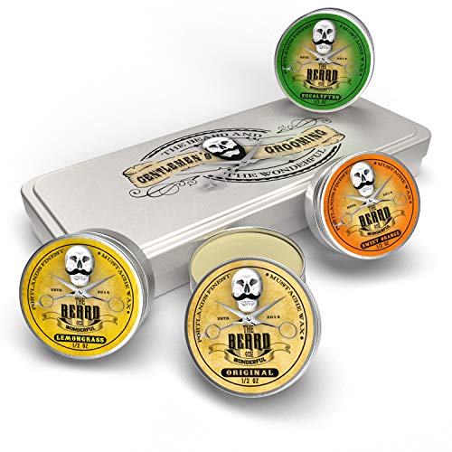 Cire à Moustache Variété Ensemble 4 Boîtes - Orange Douce, Eucalyptus, Citronnelle et Original Unscented. pour Styling Twists, Points & Boucles - The Beard And The Wonderful
