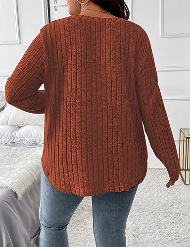 Image of Koscacy Women Plus Size Casual Knit Sweater V Neck Solid Color Tops Lightweight Long Sleeve Blouses