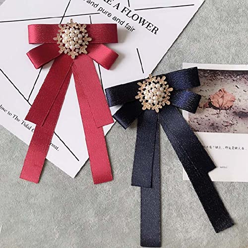 Image of Women Elegant Pearl Ribbon Bow tie Brooches Pin Jewelry Pre-Tied Collar Neck Tie Clip for Lady Girls Wedding Party