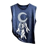 Lazzboy Women Tank Top Moon Cycle/Cat/Fox/Feather Sleeveless Round Neck Vest Camis Size 8-16 Loose Ladies Blouse Shirt(2XL(16),Navy-Feather)