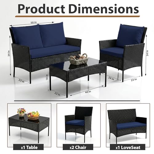 Image of OUTLIVING Outdoor 4 Seater Sofa Set || Patio Furniture Sets || Balcony Sofa || Indoor Sofa || Wicker Rattan Garden Sofa Set with Cushion and Center Table (Black /Navy Blue)