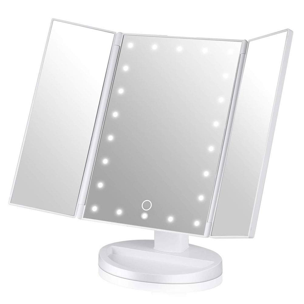 SaryEdge Tri-Fold Illuminated Vanity Mirror Led Lights Touch Screen Dimming Lighted Makeup Table Mirror with 2X/3X/10X Magnifying Battery and USB Powered 180° Adjustable Rotation,