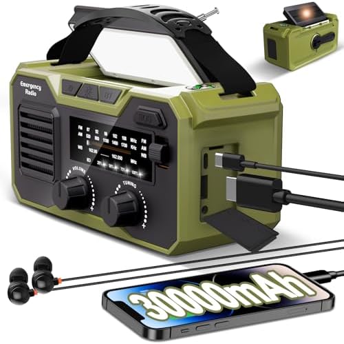 30000mAh Emergency Weather Radio, AM/FM/NOAA Weather Alert Radio Hand Crank/Solar/Type-C Fast Rechargeable Outdoor Radio with Reading Lamp/SOS Alarm/3 Mode Flashlight/Power Bank (Grassy Green)