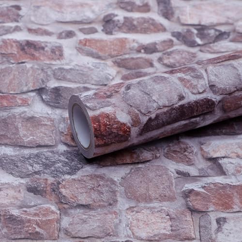 FEILAYS Stone Brick Wallpaper Peel and Stick Self-Adhesive Removable Vinyl Wallpaper Pink Faux 3D Stone Look Wall Paper 15.7 X 118