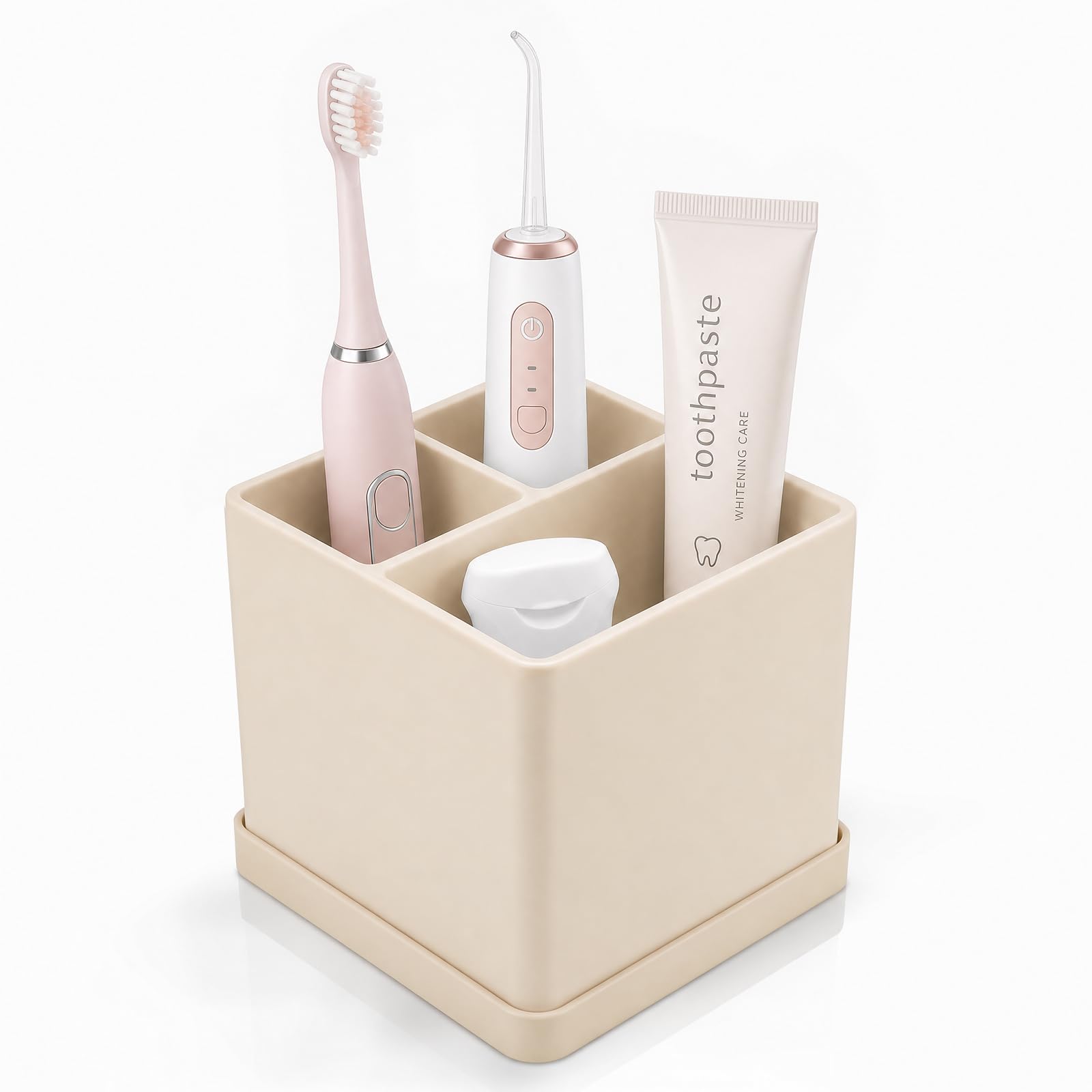 Silicone Toothbrush Holder, 10x10x9cm 3 Slots Bathroom Toothbrush Organizer with Drainage Holes, Fitted with a removable tray，for Cosmetic, Pencil，for Home, Office(Beige)