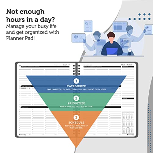 Planner Pad Spiral Bound 3-Tier Funnel Down 12 Month Organizer, July 2023 – June 2024 / Academic Year, Black Cover/Black Ink, 6 3/4" X 8 1/2" #TOP1