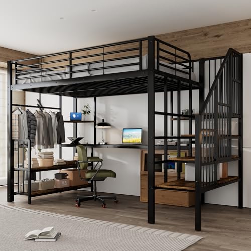 Metallbett Hochbett 120x200cm mit Schreibtisch und Ablageregal, Eisenbett Etagenbett mit offenem Kleiderschrank mit Hängebereich, Ecktreppe, Eisen +...