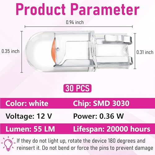 Image of ecocstm 30 PCS Car 194 LED Bulbs, 168 2825 W5W T10 Wedge COB LED Replacement Bulb, Error Free Interior Bulb for Dashboard Light, Dome Lights (Pink Purple)