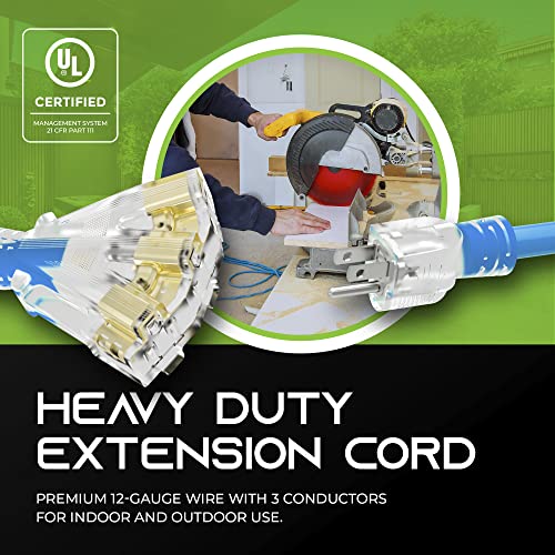 Gearit 12/3 Outdoor Extension Cord (100 Feet) 12 Awg Gauge - 3 Outlet, 3 Prong Plug - Sjeow Extreme Heavy Duty Cold Weather Indoor/Outdoor - Lighted Led Plug, Oil Water Weather Resistant - 100Ft #TOP1
