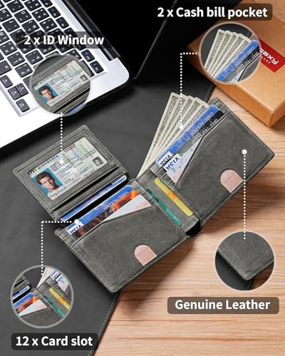 Image of Artpaxy Mens Wallet Bifold Genuine Leather RFID Blocking Wallet for Men with 2 ID Windows 12 Card Holders 2 cash pockets 1 Gift Box