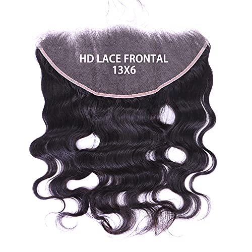 Queen Hair Unprocessed Human Hair 13X6 Invisible HD Lace Frontals Closure With Baby Hair 1B Natural Color Body Wave Pre Plucked Transparent Lace Frontal Hair Pieces (16inches)