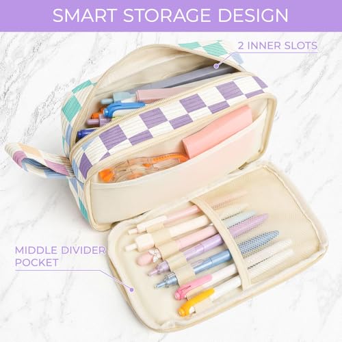 Image of WOBAGMEN Cute Pencil Case,Large Corduroy Zippered Pencil Case Pouch, aesthetic Pencil Bag with Compartments, Pencil Pouch School Supplies (Colorful checked)