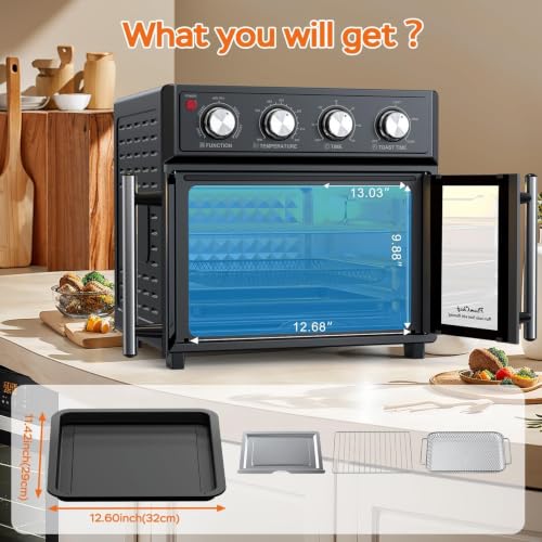 Image of PlumChef 27.5 Quart Extra Large 6 Slices Air Fryer Convection Toaster Oven, French Door, 1700W, Multifunction Oven for Air Fryer, Toast, Grill, Defrost, Bake (Black)