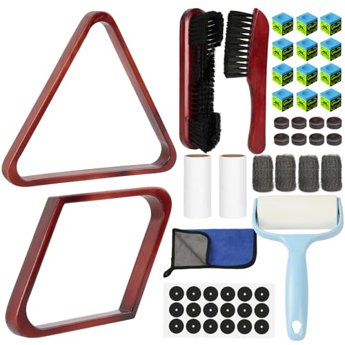 AKLOT Pool Table Brush Set for Felt 10 Kit Billiard Table Cleaning Accessories with Billiard Rack 8/9 Ball Triangle Diamond Pool Table Brush Cue Chalk Sticky Lint Roller Accessories Wine Red