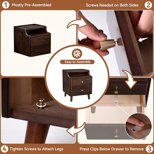 Image of Nightstand Set of 2, Pre-Assembled, 19.7 inchH Solid Wood Night Stand with 2 Drawers, Open Sliding Shelf, Mid Century Modern Small Bedside Table for Bedroom, Black Walnut 16 inch