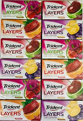 Trident Layers Sugar Free Gum Variety 3 Packs of Each Flavor Grape/Lemonade Strawberry/Citrus Cherry/Lime and Watermelon/Tropical (Total 12 Packs)