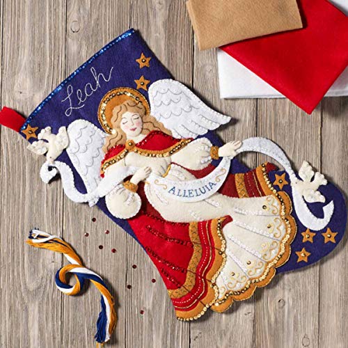 Image of Bucilla Christmas Angel Stocking Kit, Blue, Gold, White, 18 inch Felt Stocking kit