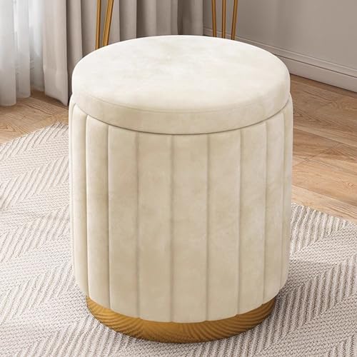 Moderno reposapiés tapizado redondo de terciopelo blanco roto con tapa extraíble y base de metal dorado para sala de estar, dormitorio, entrada, taburete de tocador (17 x 13.4 pulgadas)