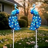 Hexagram Peacock Garden Decor, Peacock Solar Garden Stakes Set of 2, Metal Blue Waterproof Solar Decorative Lights Decorations for Outdoor Outside Yard Lawn Porch Patio Pathway 11.8x6 Inch