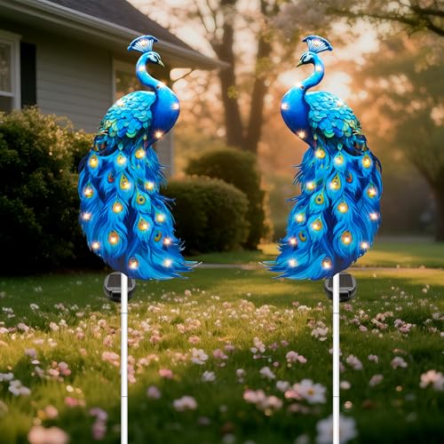 Hexagram Peacock Garden Decor, Peacock Solar Garden Stakes Set of 2, Metal Blue Waterproof Solar Decorative Lights Decorations for Outdoor Outside Yard Lawn Porch Patio Pathway 11.8x6 Inch