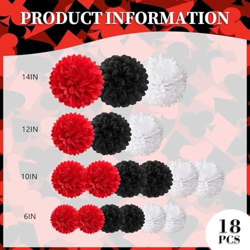 Image of 18 PCS Tissue Paper Pom Poms, Tissue Paper Flowers, Sizes of 6 inch, 10 inch, 12 inch, 14 inch Bachelorette Paper Flower Party Decor for Wedding, Birthday, Fiesta Stranger, Baby Showers (Black Red White)